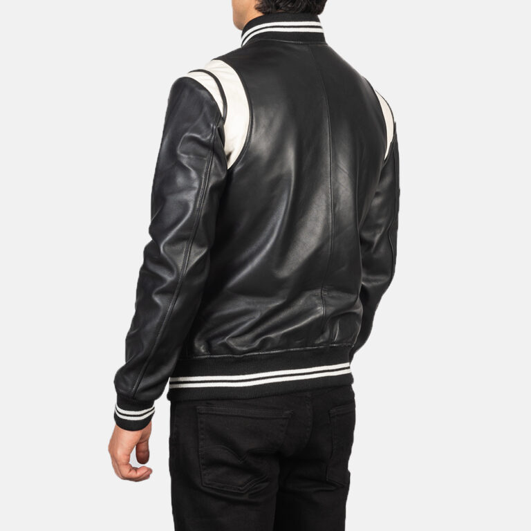 Mens Dantee Black Leather Varsity Jacket Tilted Back-8-1634137317262